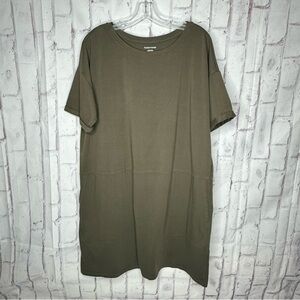 EILEEN FISHER Organic Cotton Jersey Round Neck Dress Size L Grove Green Pockets